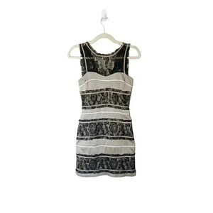 BCBG Champagne Satin Black Lace Sleeveless Bodycon Cocktail Dress